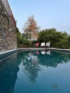 - une piscine avec 2 chaises et un arbre dans l'eau dans l'établissement holiday home Chateau Castelnau, à Prudhomat