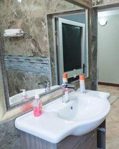 a bathroom with a sink and a large mirror at Netflix/WI-FI, 3 bedroom and free parking in Livingstone