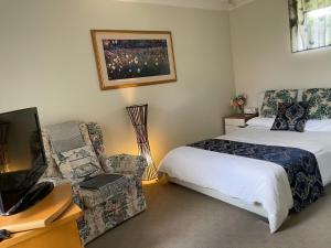 a bedroom with a bed and a tv and a chair at Swan Valley Rest Cottage in Middle Swan