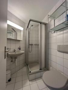 a bathroom with a shower and a toilet and a sink at Casa Campanula in Laax