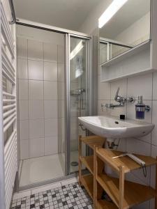 a bathroom with a sink and a shower at Casa Campanula in Laax