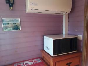eine Mikrowelle auf einer hölzernen Kommode in der Unterkunft la roulotte de l'ami nature in Barrais-Bussolles