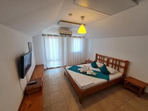 a bedroom with a bed and a flat screen tv at Casa Pescarilor in Lunca
