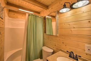 a bathroom with a toilet and a shower and a sink at Clayton Retreat with Spacious Deck and Mtn Views! in Clayton