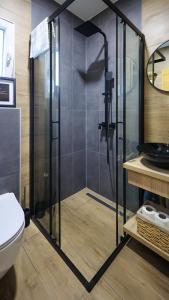 eine Dusche mit Glastür im Bad in der Unterkunft Vila Monia in Zvornik