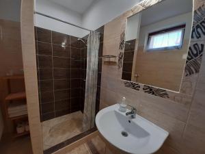 a bathroom with a sink and a shower and a mirror at Hódvár Apartman in Tiszafüred +15 photos