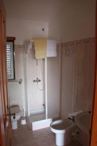 uma casa de banho com um chuveiro, um WC e um lavatório. em Camping / Appartment Coimbrao em Coimbrão