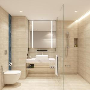 BharūchにあるHyatt Place Bharuchの洗面台、トイレ、シャワー付きのバスルーム