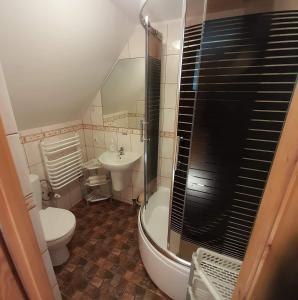 a bathroom with a shower and a toilet and a sink at Dom Słoneczko pokoje do wynajęcia w Białowieży in Białowieża