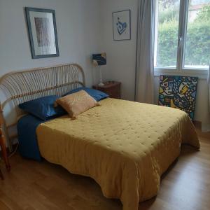 um quarto com uma cama com almofadas azuis e uma janela em Etxe Laminak em Sisteron