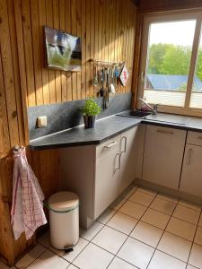 a kitchen with a counter and a sink and a window at EXTERTAL-FERIENPARK - Premium-Ferienhaus Sonnenhügel #36 in Extertal