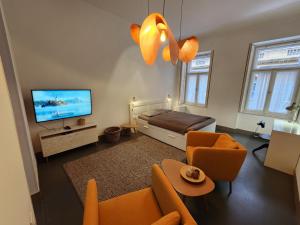 a living room with a couch and a television at Stylish holiday Art apartment - wifi & great location in Budapest