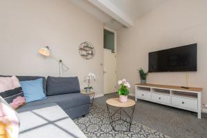 Una sala de estar con un sofá y un televisor de pantalla plana. en Downtown and central 1 bed in Edinburgh, en Edimburgo