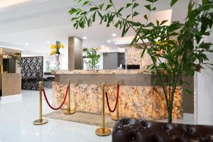 un hall avec des barrières à câbles rouges et un comptoir dans l'établissement Hôtel Amazonia Cayenne Centre, à Cayenne