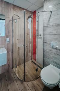 a bathroom with a shower with a toilet and a sink at Hostel Filip in Gdańsk
