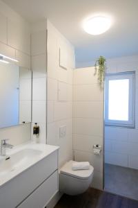 ein weißes Badezimmer mit Toilette und Waschbecken in der Unterkunft Smart & Stay Aparthotel Saarbrücken Süd - Self-Check-In - Free Parking in Saarbrücken + 58 Fotos