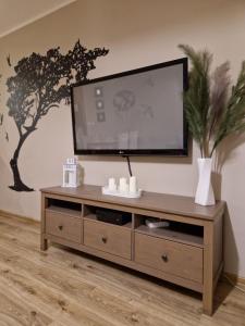 telewizor z płaskim ekranem siedzący na szczycie drewnianego centrum rozrywki w obiekcie 91WrocLove Apartaments we Wrocławiu