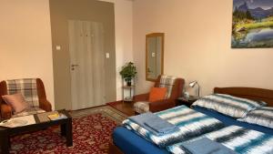 uma sala de estar com uma cama e um sofá em Eliz Apartment em Budapeste