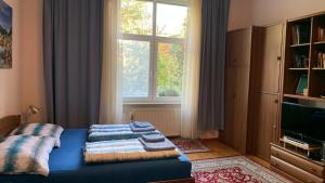 a bedroom with a bed with towels on it at Eliz Apartment in Budapest