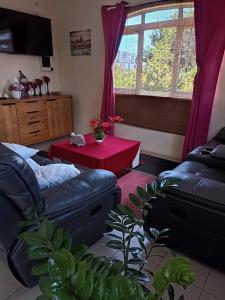 ein Wohnzimmer mit einem Sofa und einem Tisch in der Unterkunft VillaKapy idéal pour les retraitées in Pointe aux Cannoniers