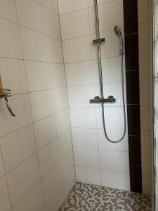 a bathroom with a shower with a shower head at Au doux passage in Les Rousses