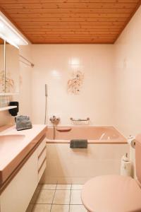 La salle de bains est pourvue d'une baignoire, de toilettes et d'un lavabo. dans l'établissement Chalet La Pala, à Val dʼIlliez