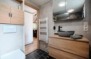uma casa de banho com um lavatório e um espelho em Chalet D'un Ami em Somme-Leuze