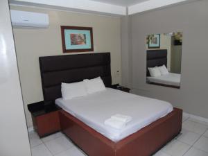 Hotel Queens في غواياكيل: غرفة نوم بسرير كبير مع مرآة