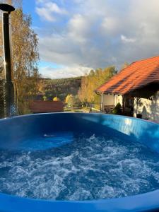 un grand bain à remous bleu dans un jardin dans l'établissement Malinowe Wzgórze domki 60 m2 z balią na wyłączność - płatna, à Krzeszna