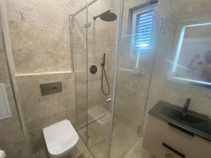 a bathroom with a shower and a toilet and a sink at Apartment Vitosha vu Sofia in Sofia