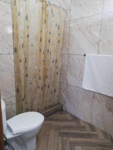 a bathroom with a shower curtain and a toilet at Residence Debbabi in Monastir