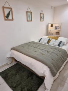 um quarto com uma cama grande e um cobertor verde em Nalan Orrygeois, 6 pers, Astérix, CDG, CHANTILLY em Orry-la-Ville