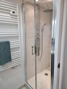 um chuveiro com uma porta de vidro na casa de banho em Nalan Orrygeois, 6 pers, Astérix, CDG, CHANTILLY em Orry-la-Ville