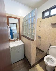 La salle de bains est pourvue de toilettes, d'un lavabo et d'une douche. dans l'établissement Résidence Palms Abidjan, à Abidjan