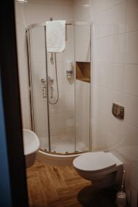 a bathroom with a shower with a toilet and a sink at Dom Weselny Ludmiła in Kraśnik
