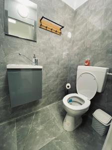 bagno con servizi igienici, lavandino e specchio di Yogo Place in Nahariyya a Nahariyya