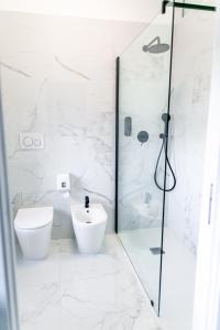 ミラノにあるB＆B ベスト ホステル ミラノの白いバスルーム(トイレ、シャワー付)