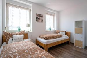 Schlafzimmer mit einem Bett, einem Stuhl und Fenstern in der Unterkunft Allgäutraum Ferienwohnung Nr. 9 in Kempten