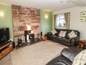 a living room with a couch and a fireplace at Glenridding Cottage in Warcop