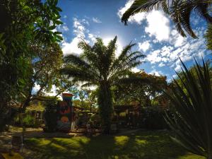 un jardín con una palmera y un parque infantil en Pousada Aroeira, en Caraíva