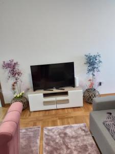 uma sala de estar com uma televisão de ecrã plano num centro de entretenimento branco em Stan na dan VRŠAC em Vršac