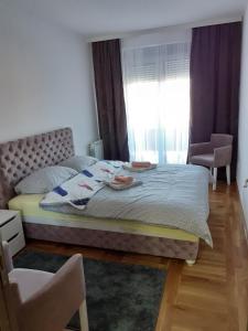 sypialnia z łóżkiem, krzesłem i oknem w obiekcie Stan na dan VRŠAC w mieście Vršac