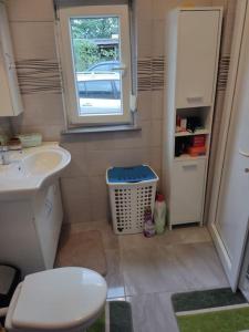 a bathroom with a sink and a toilet and a window at Apartman David-Dražice in Dražice