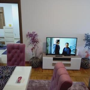 Una sala de estar con un televisor de pantalla plana sobre un soporte. en Stan na dan VRŠAC, en Vršac