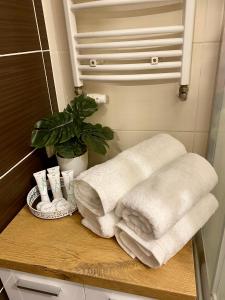 een stapel handdoeken op een aanrecht in een badkamer bij Studio Modlin in Nowy Dwór Mazowiecki