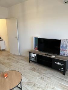Televízia a/alebo spoločenská miestnosť v ubytovaní SUPERBE APPARTEMENT FACE AUX ILES SANGUINAIRES