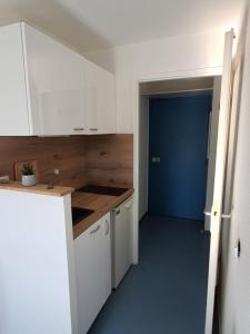 a small kitchen with white cabinets and a blue door at Studio au calme dans résidence Gauguin pour location courte durée et étudiants in Gières