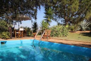 a swimming pool with two chairs and an umbrella at Casa das Moles in Évora