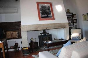 uma sala de estar com lareira e sofá em Casa das Moles em Évora