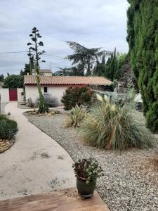 a garden with a walkway and plants and a house at Tranquillité B&B in Cuxac-dʼAude